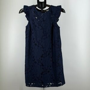 Monteau Los Angeles Navy Blue Floral Lace Ruffle Shift Dress Womens S